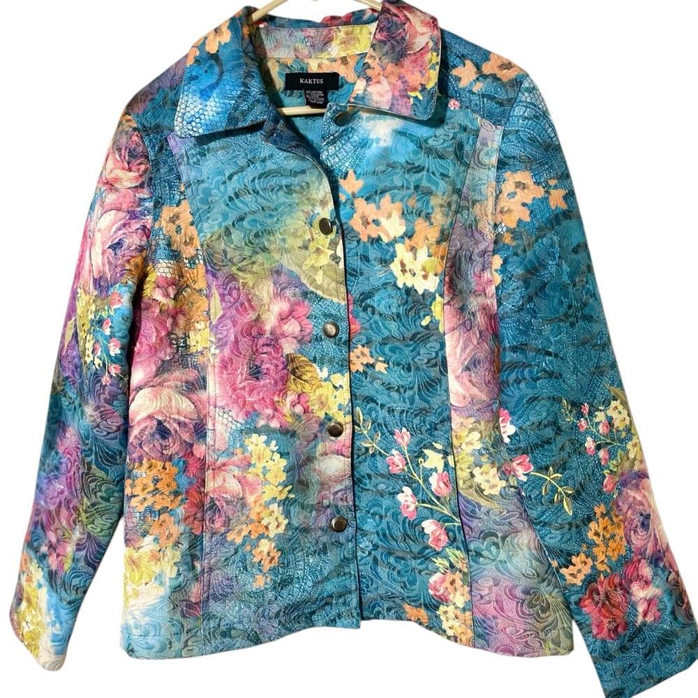 Kaktus Colorful Floral Print Button-Up Jacket Whimsical Textured Medium